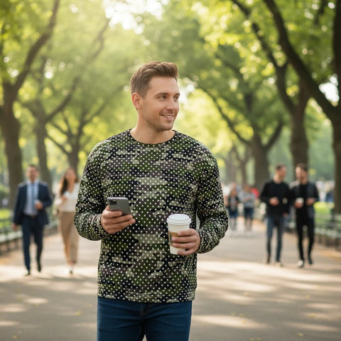 65mcmlxv unisex green camouflage and white polka dot print fleece sweatshirt