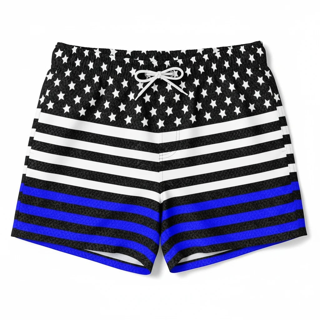 65mcmlxv Men's swim trunks with USA flag print, stars, white and blue stripes, drawstring waist, polyester