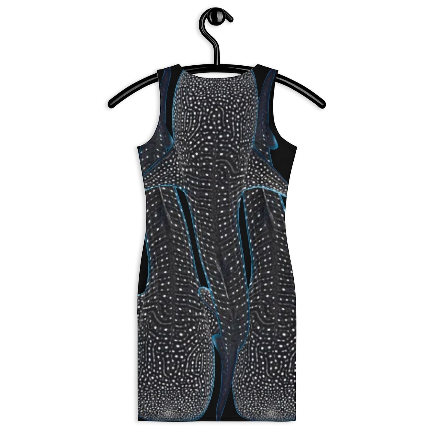 65mcmlxv sleeveless bodycon dress with whale shark skin pattern in black and white with blue accents.