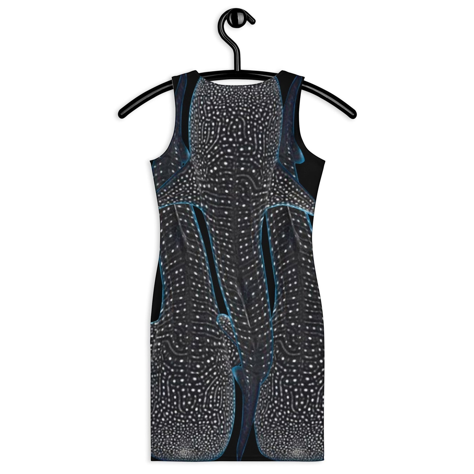 65mcmlxv sleeveless bodycon dress with whale shark skin pattern in black and white with blue accents.