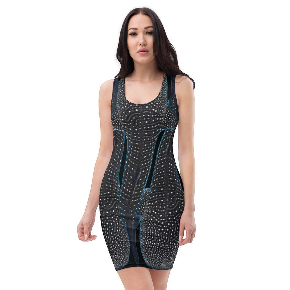 65mcmlxv sleeveless bodycon dress with whale shark skin pattern in black and white with blue accents.