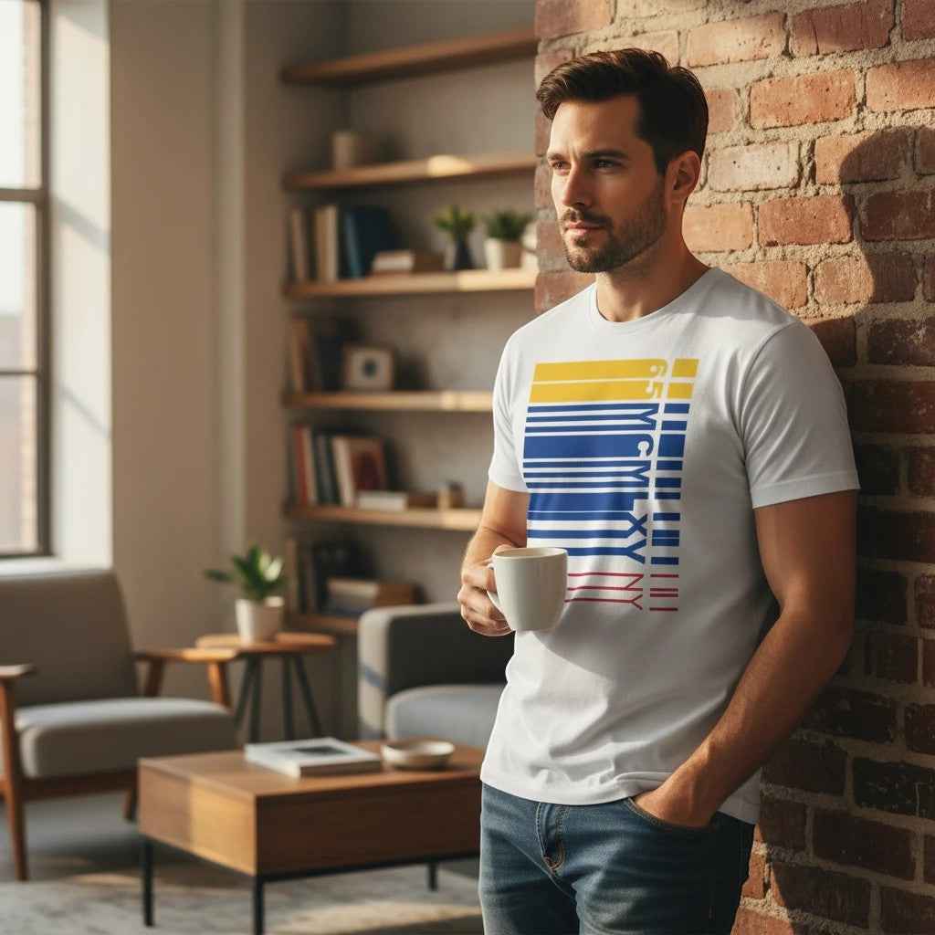 65 MCMLXV Men's NY Multi-Colored Bar Code Stripe Graphic T-Shirt