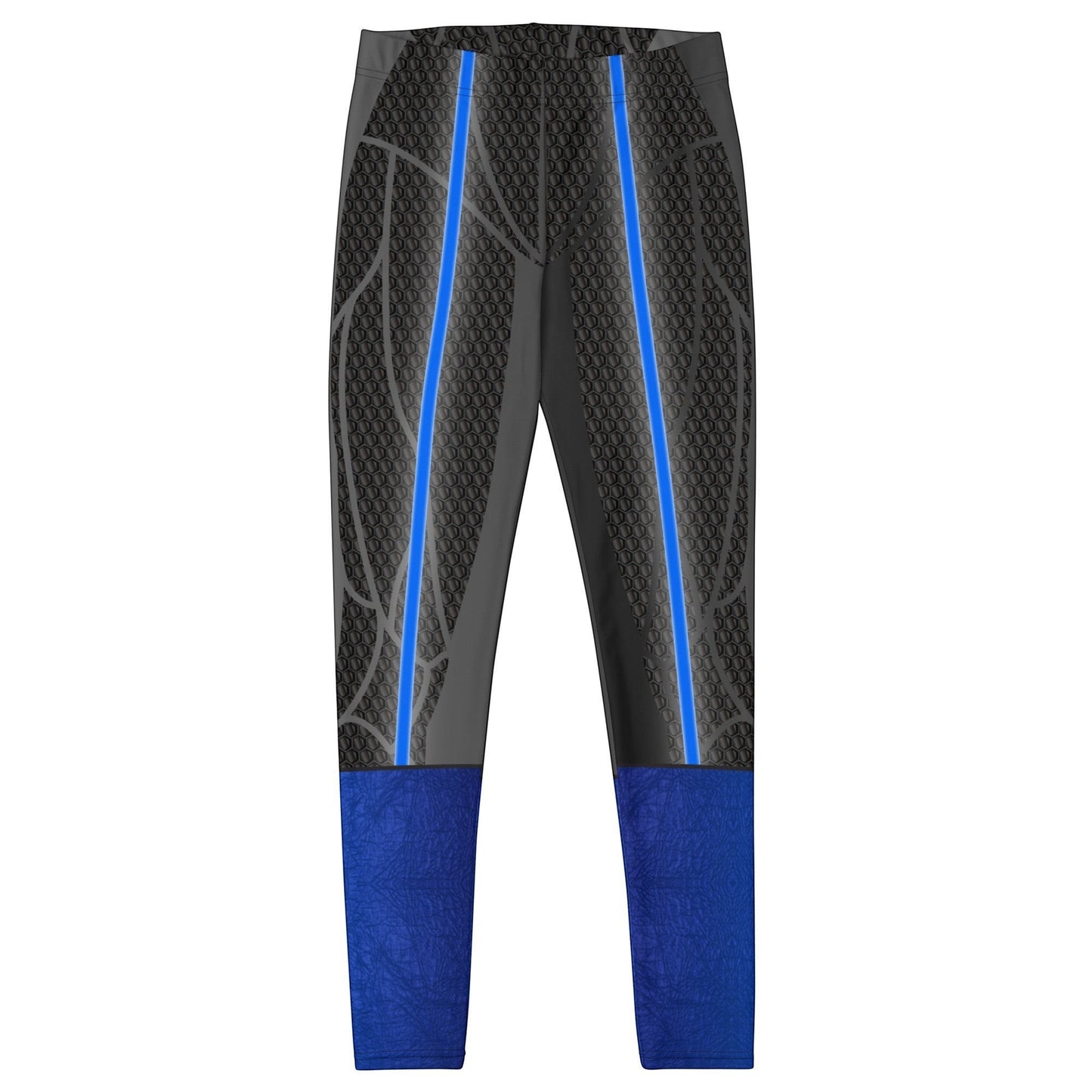 65mcmlxv Womens blue and grey abstract print polyester/spandex leggings with elastic waistband.