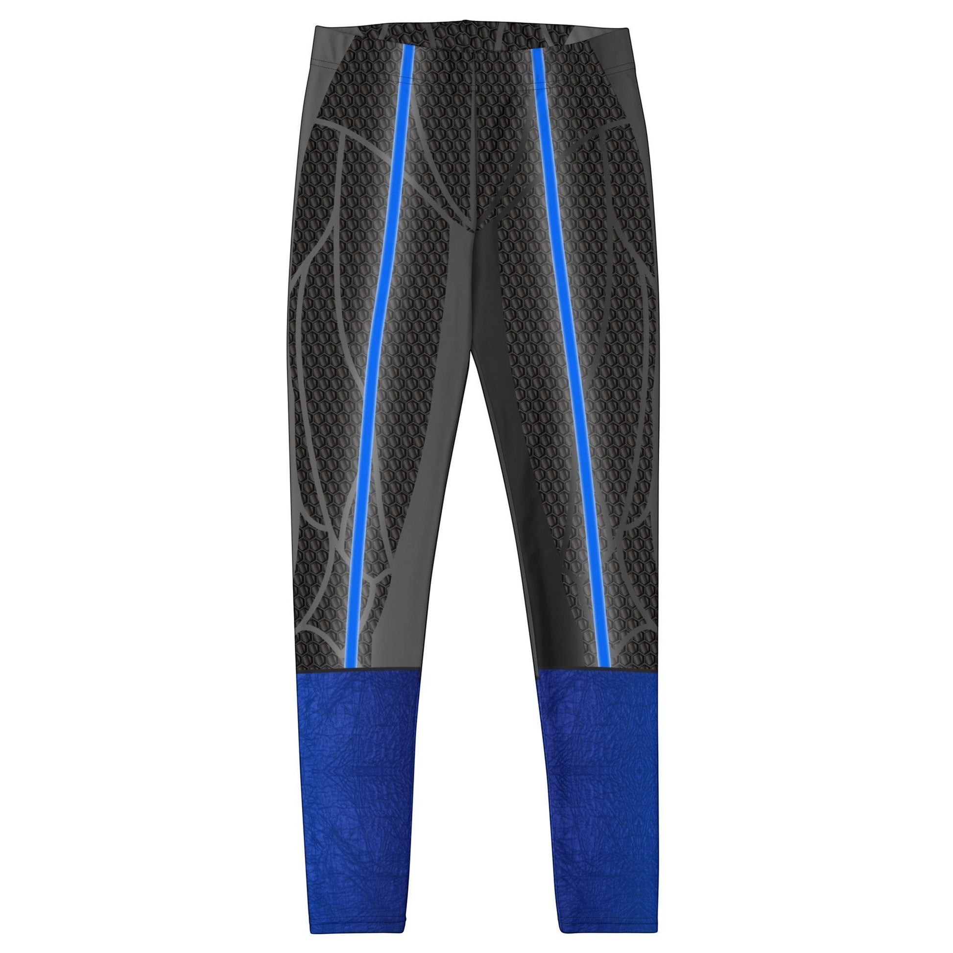 65mcmlxv Womens blue and grey abstract print polyester/spandex leggings with elastic waistband.