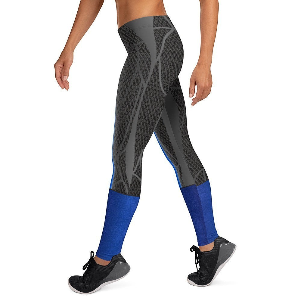 65mcmlxv Womens grey and blue abstract print polyester/spandex leggings with elastic waistband.