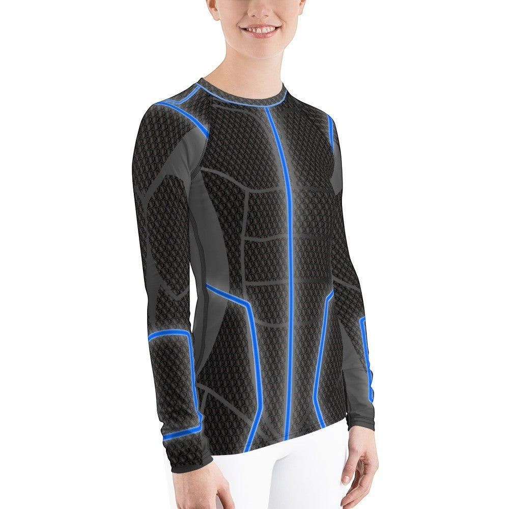 65mcmlxv Women's long-sleeve rash guard with blue accents and a textured black pattern. UPF 50+.