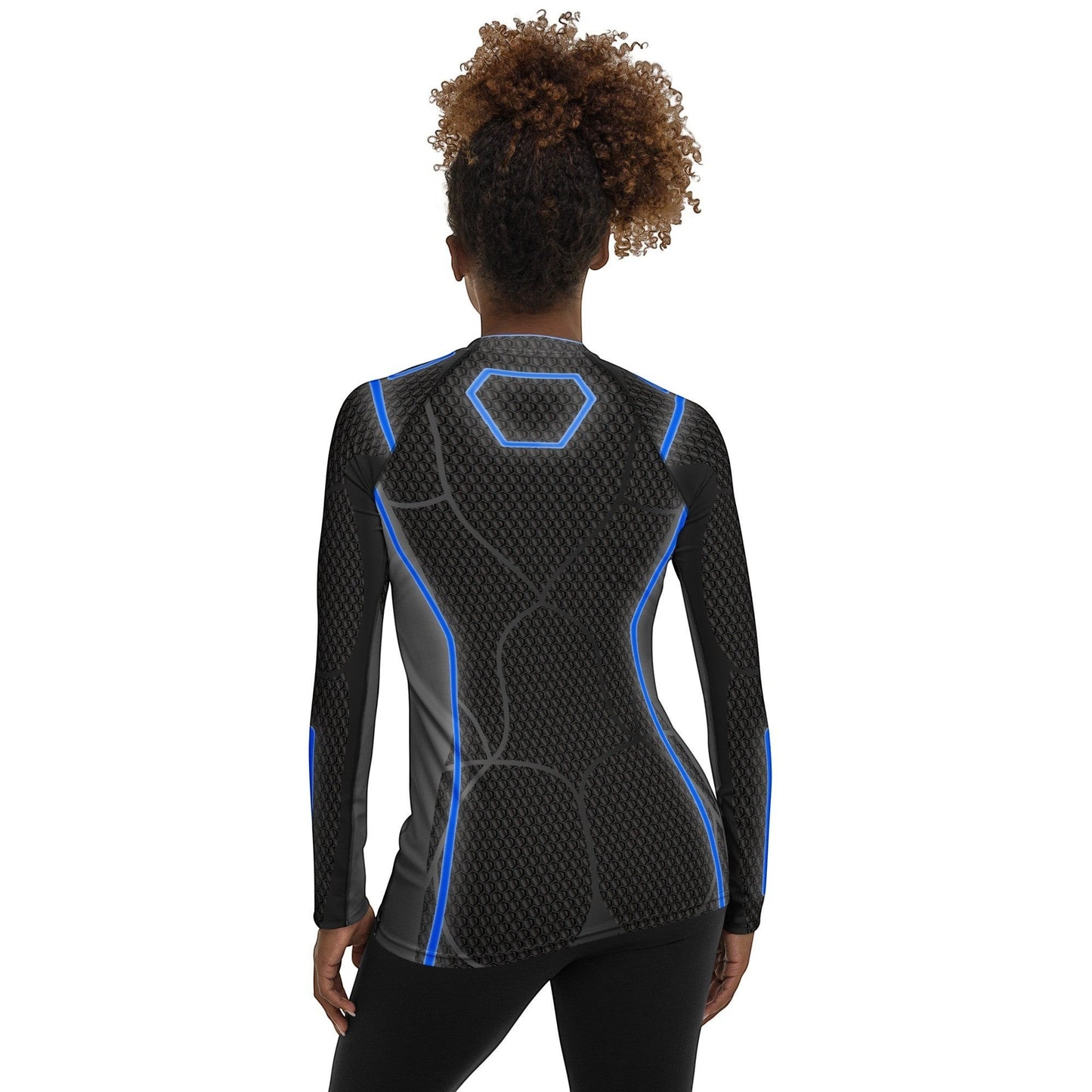 65mcmlxv Women's black long-sleeve rash guard with blue geometric accents and a honeycomb pattern. UPF 50+.