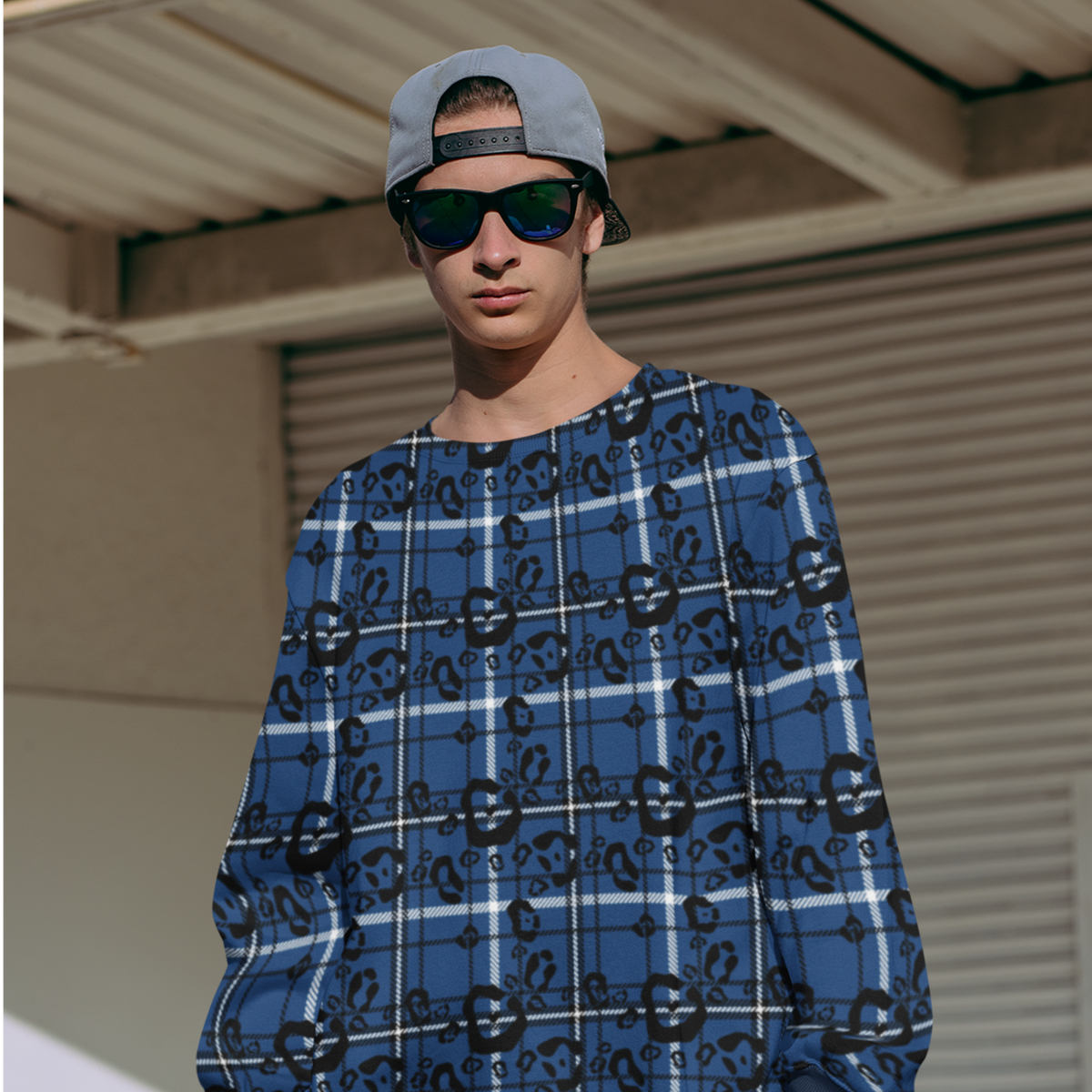 65 MCMLXV Unisex Blue Plaid & Leopard Print Fleece Sweatshirt