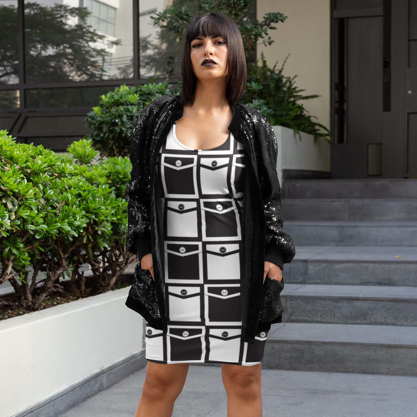 65 MCMLXV Sleeveless Pocket Print Bodycon Dress