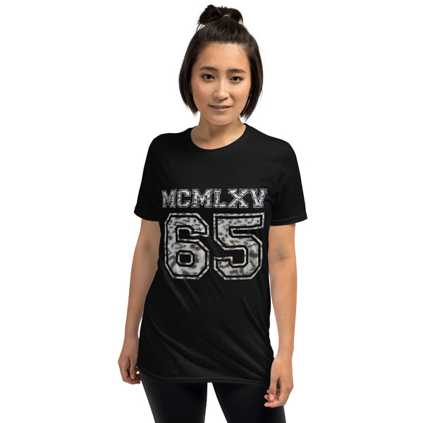 65 MCMLXV Women's Snow Leopard Varsity Logo Graphic T-Shirt