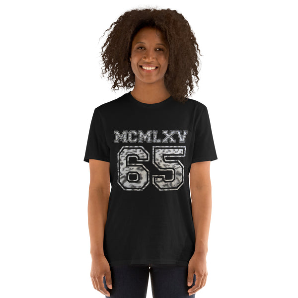 65 MCMLXV Women's Snow Leopard Varsity Logo Graphic T-Shirt