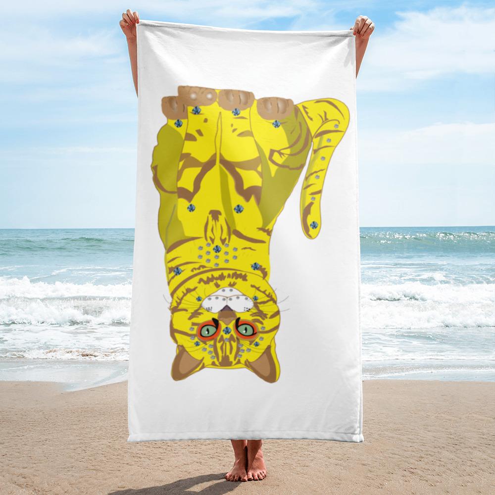 65 MCMLXV Bejeweled Yellow 70s Disco Cat Beach Towel - 65mcmlxv