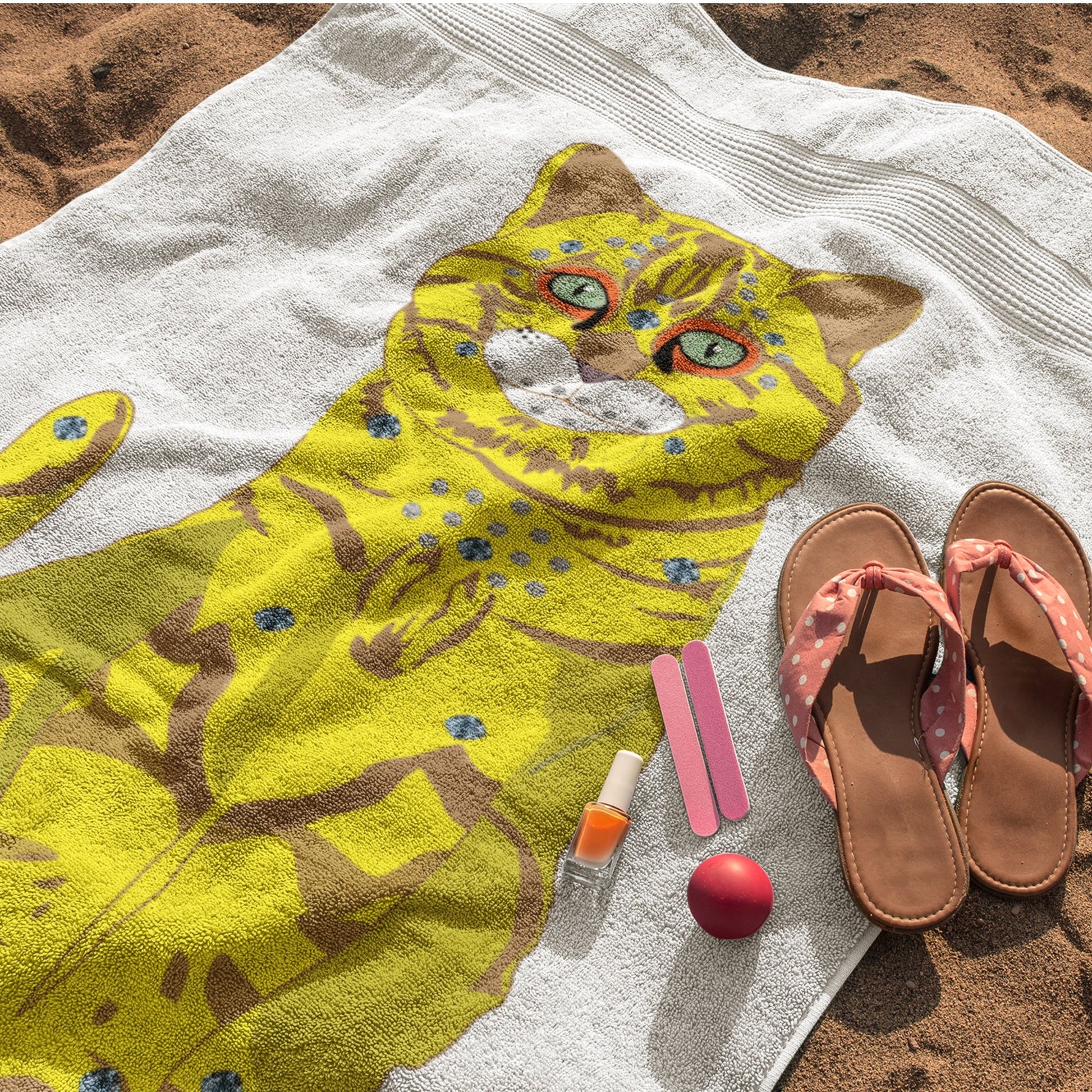 65 MCMLXV Bejeweled Yellow 70s Disco Cat Beach Towel - 65mcmlxv