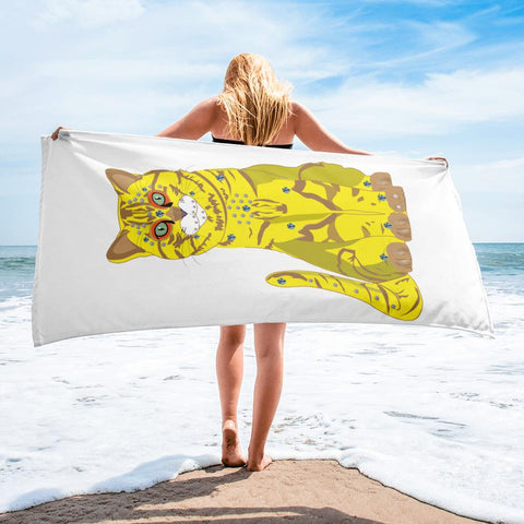 65 MCMLXV Bejeweled Yellow 70s Disco Cat Beach Towel - 65mcmlxv