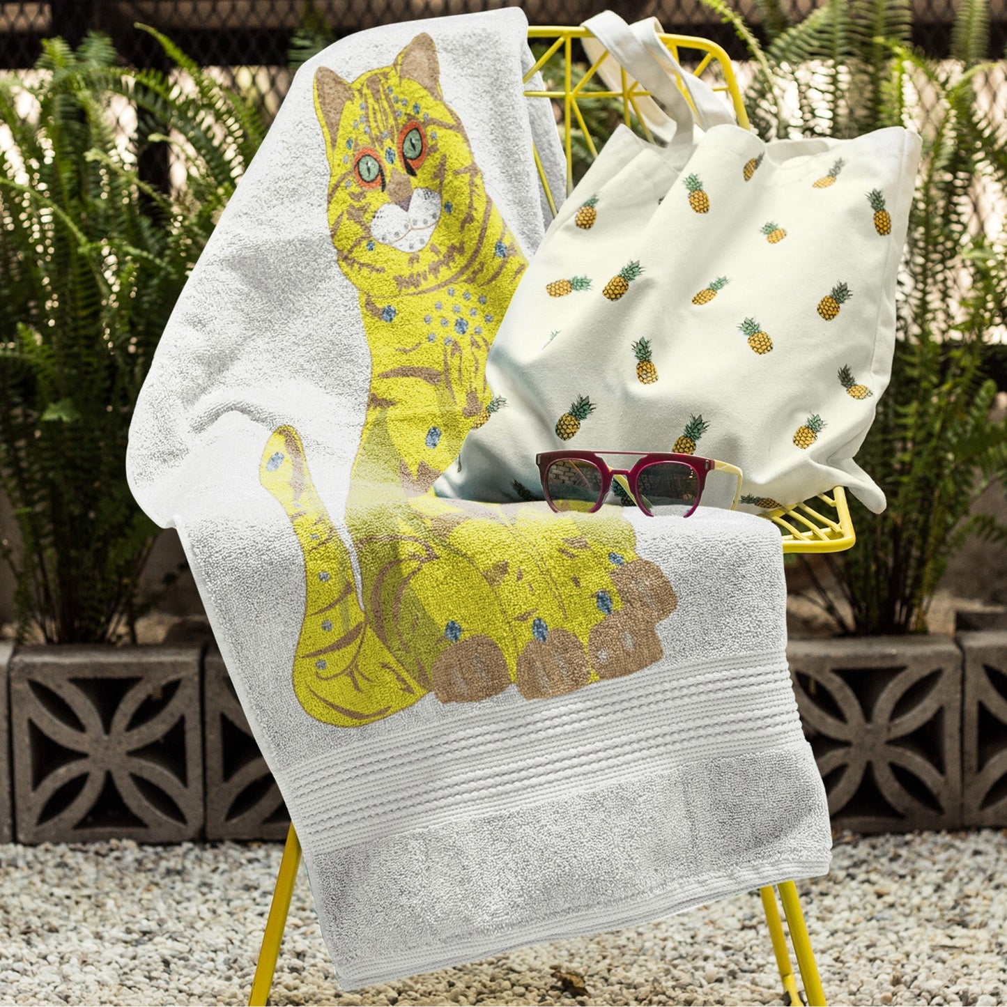 65 MCMLXV Bejeweled Yellow 70s Disco Cat Beach Towel - 65mcmlxv