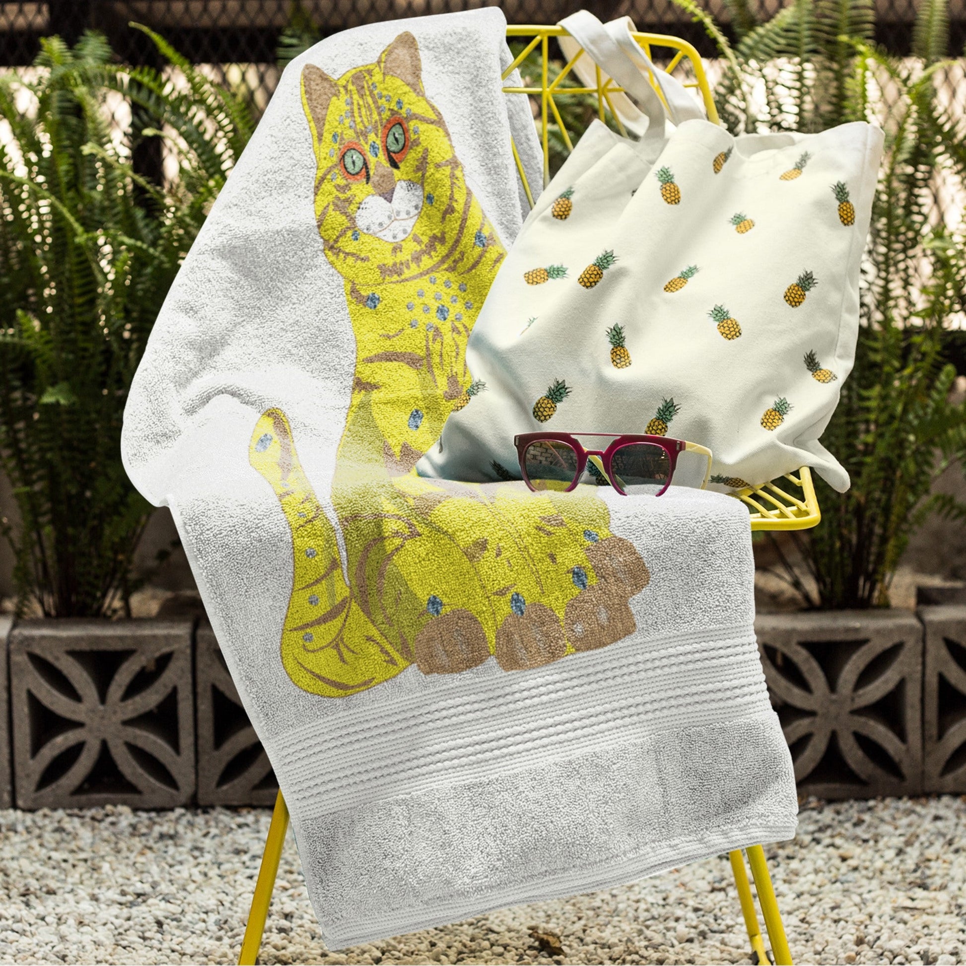 65 MCMLXV Bejeweled Yellow 70s Disco Cat Beach Towel - 65mcmlxv