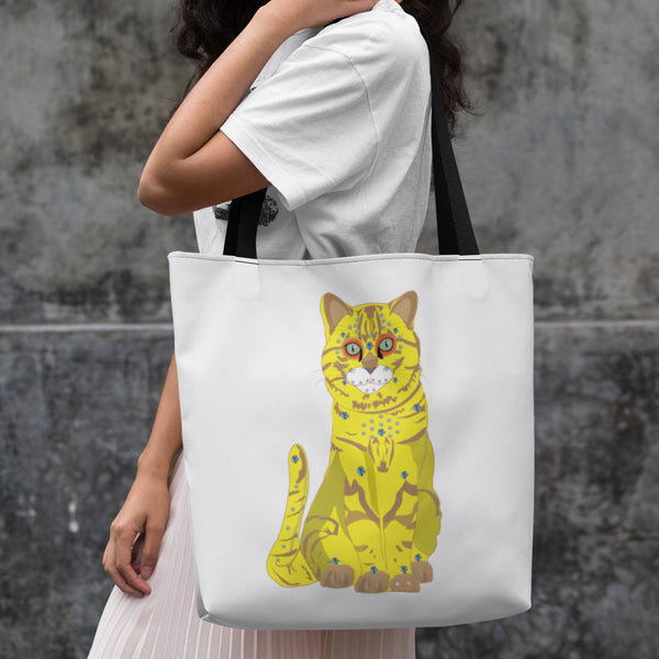 65 MCMLXV Bejeweled Yellow and Blue 70s Disco Cats Tote Bag - 65mcmlxv