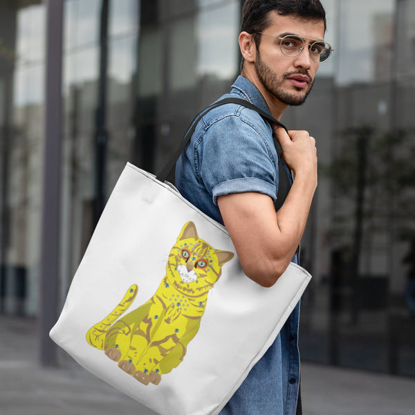 65 MCMLXV Bejeweled Yellow and Blue 70s Disco Cats Tote Bag - 65mcmlxv
