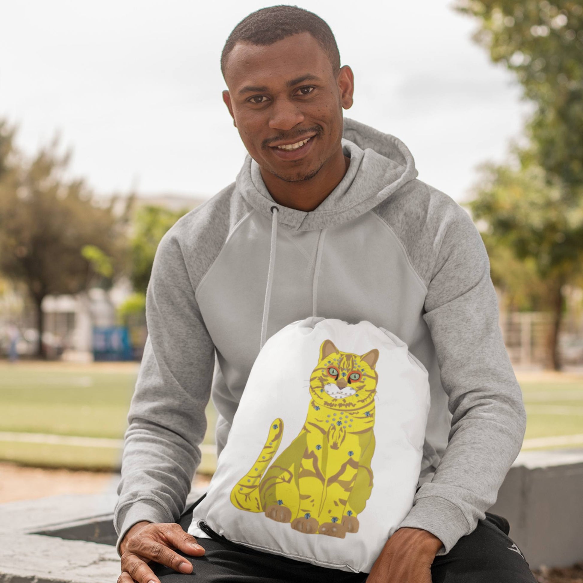 65 MCMLXV Bejeweled Yellow and Blue Disco Cats Drawstring Bag - 65mcmlxv