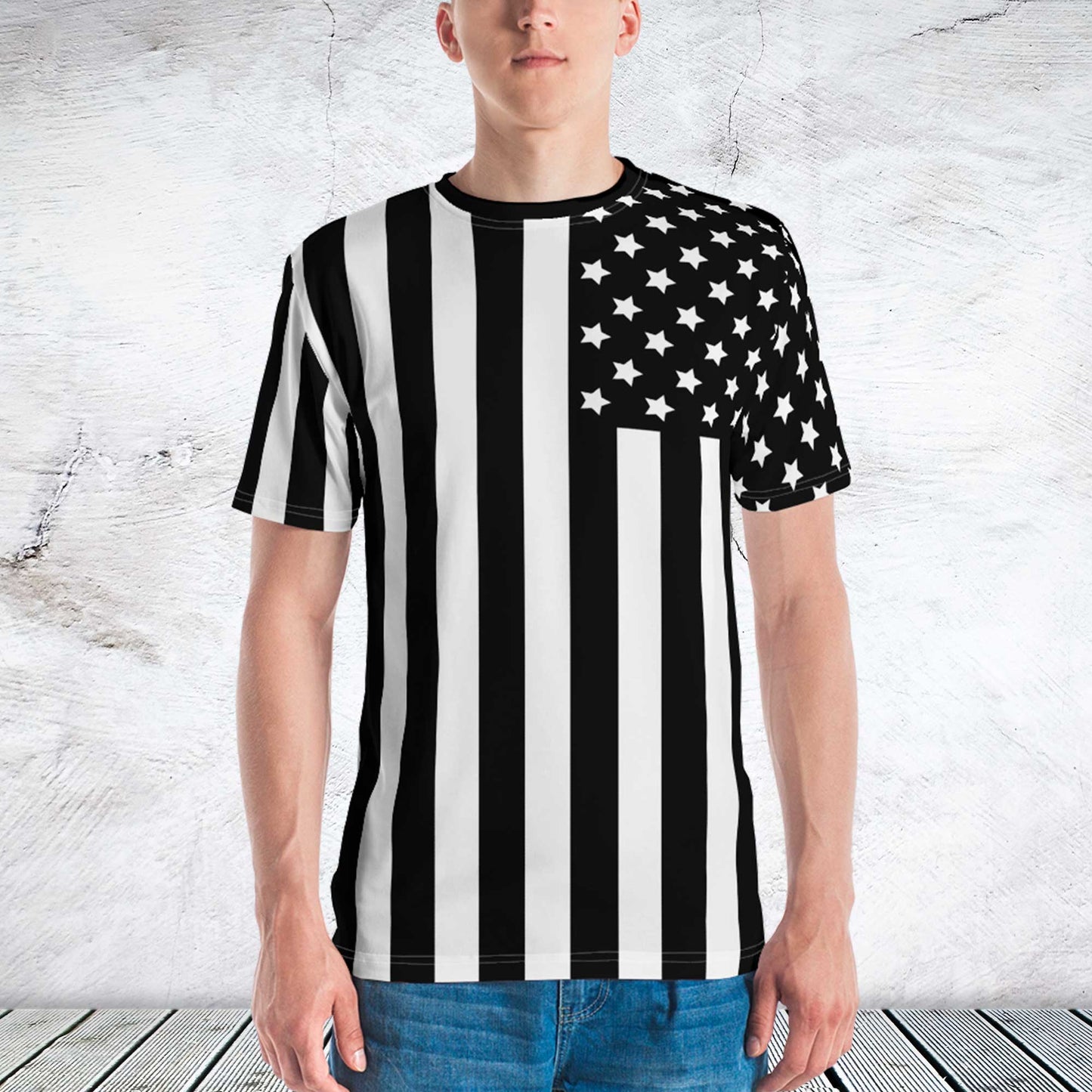 65 MCMLXV Men's Black & White Americana Flag Print T-Shirt - 65mcmlxv
