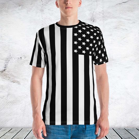 65 MCMLXV Men's Black & White Americana Flag Print T-Shirt - 65mcmlxv