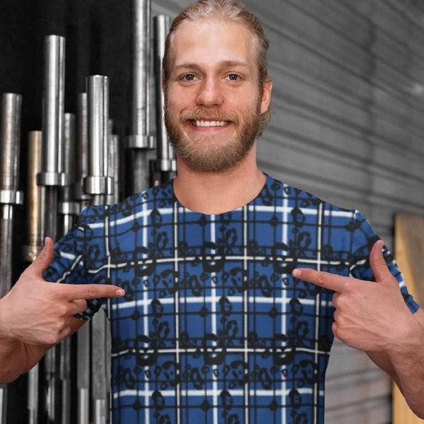 65 MCMLXV Men's Blue Plaid And Leopard Print T-Shirt - 65mcmlxv