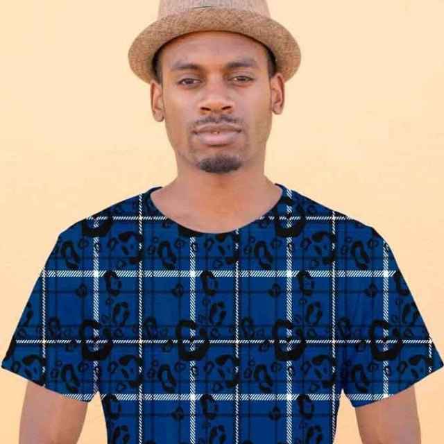 65 MCMLXV Men's Blue Plaid And Leopard Print T-Shirt