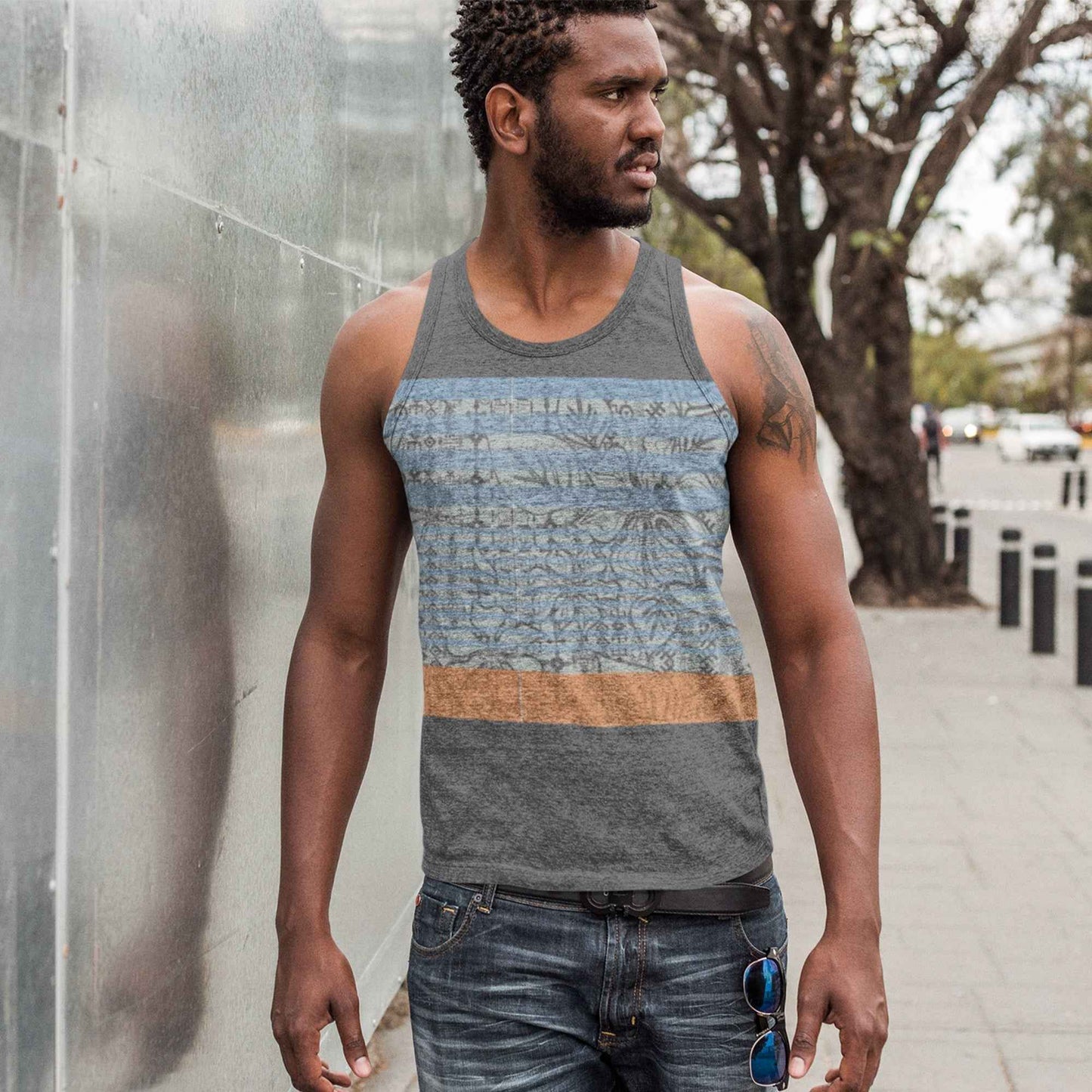 65 MCMLXV Men's Engineered Stripe Tropical Print Tank Top