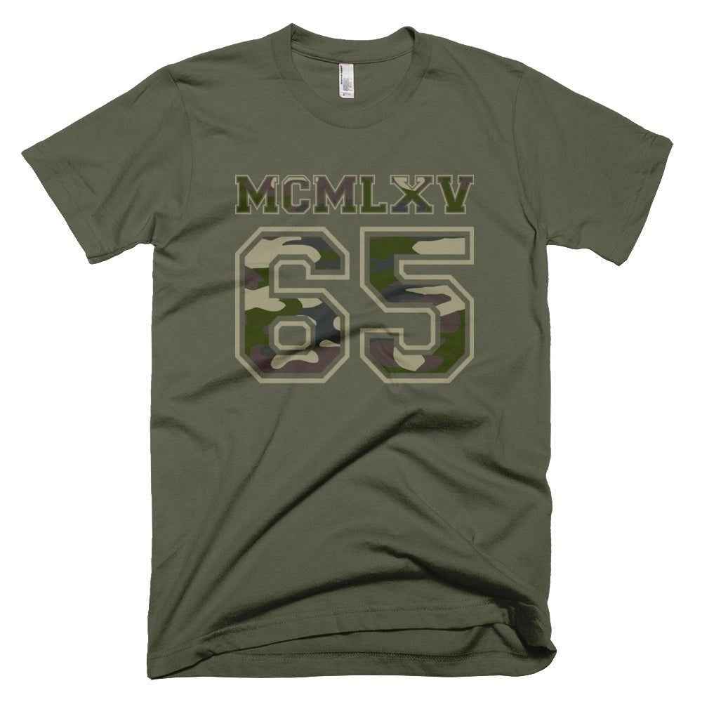65 MCMLXV Men's Jungle Camouflage Varsity Logo Graphic T-Shirt