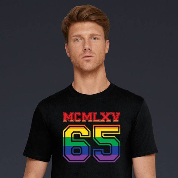65 MCMLXV Men's LGBT Pride Varsity Logo Graphic T-Shirt - 65mcmlxv