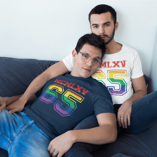65 MCMLXV Men's LGBT Pride Varsity Logo Graphic T-Shirt - 65mcmlxv