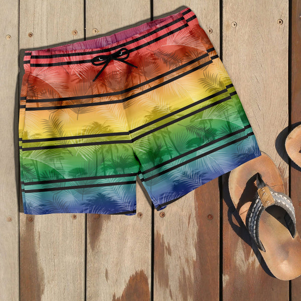 65 MCMLXV Men's LGBT Rainbow Palms Stripe Print Swim Trunks - 65mcmlxv