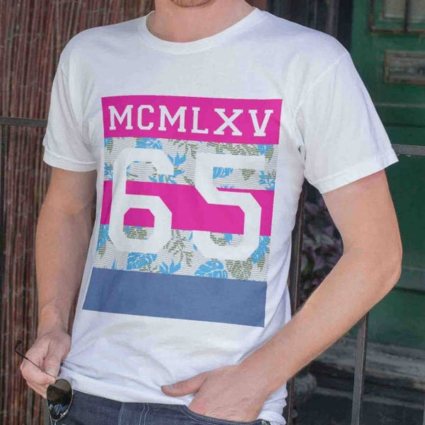 65 MCMLXV Men's Tropical Neon Stripe Varsity Logo Graphic T-Shirt - 65mcmlxv