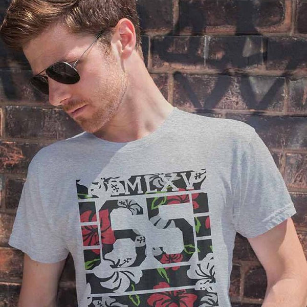 65 MCMLXV Men's Tropical Stripe Varsity Logo Graphic T-Shirt - 65mcmlxv