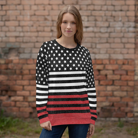 65 MCMLXV UNISEX Americana Black and Red USA Flag Print Fleece Sweatshirt - 65mcmlxv