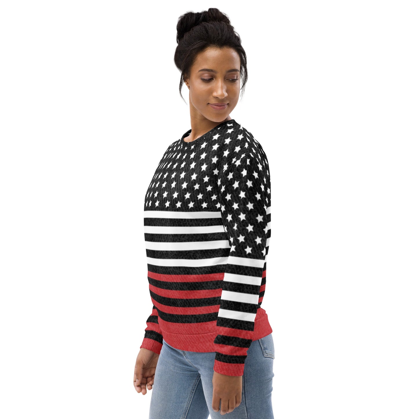 65 MCMLXV UNISEX Americana Black and Red USA Flag Print Fleece Sweatshirt - 65mcmlxv