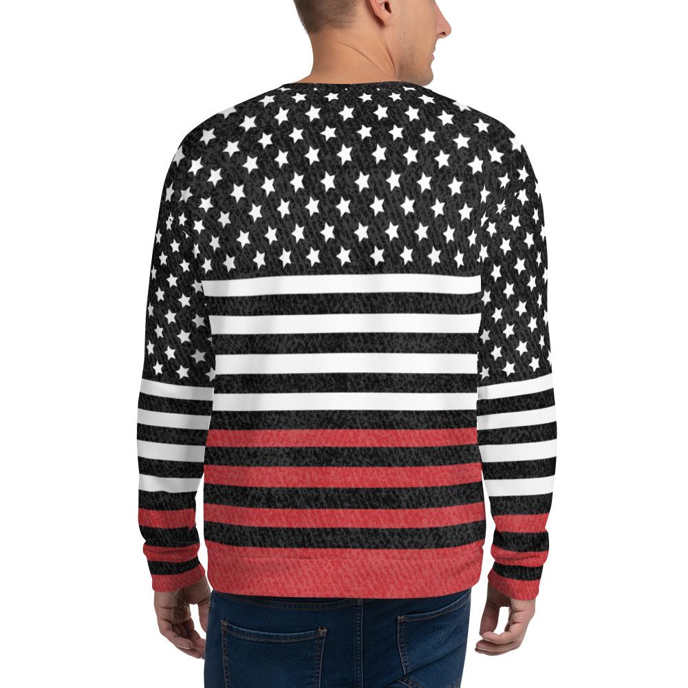 65 MCMLXV UNISEX Americana Black and Red USA Flag Print Fleece Sweatshirt - 65mcmlxv