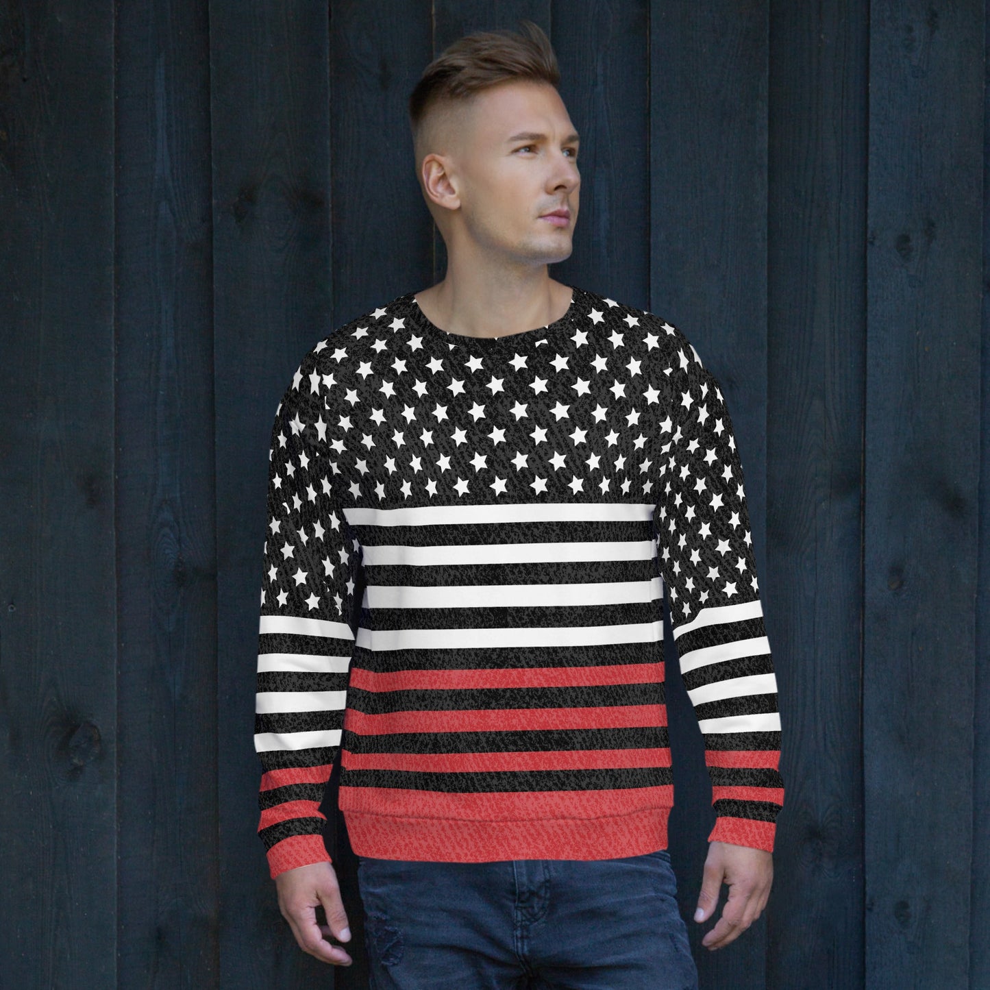 65 MCMLXV UNISEX Americana Black and Red USA Flag Print Fleece Sweatshirt - 65mcmlxv