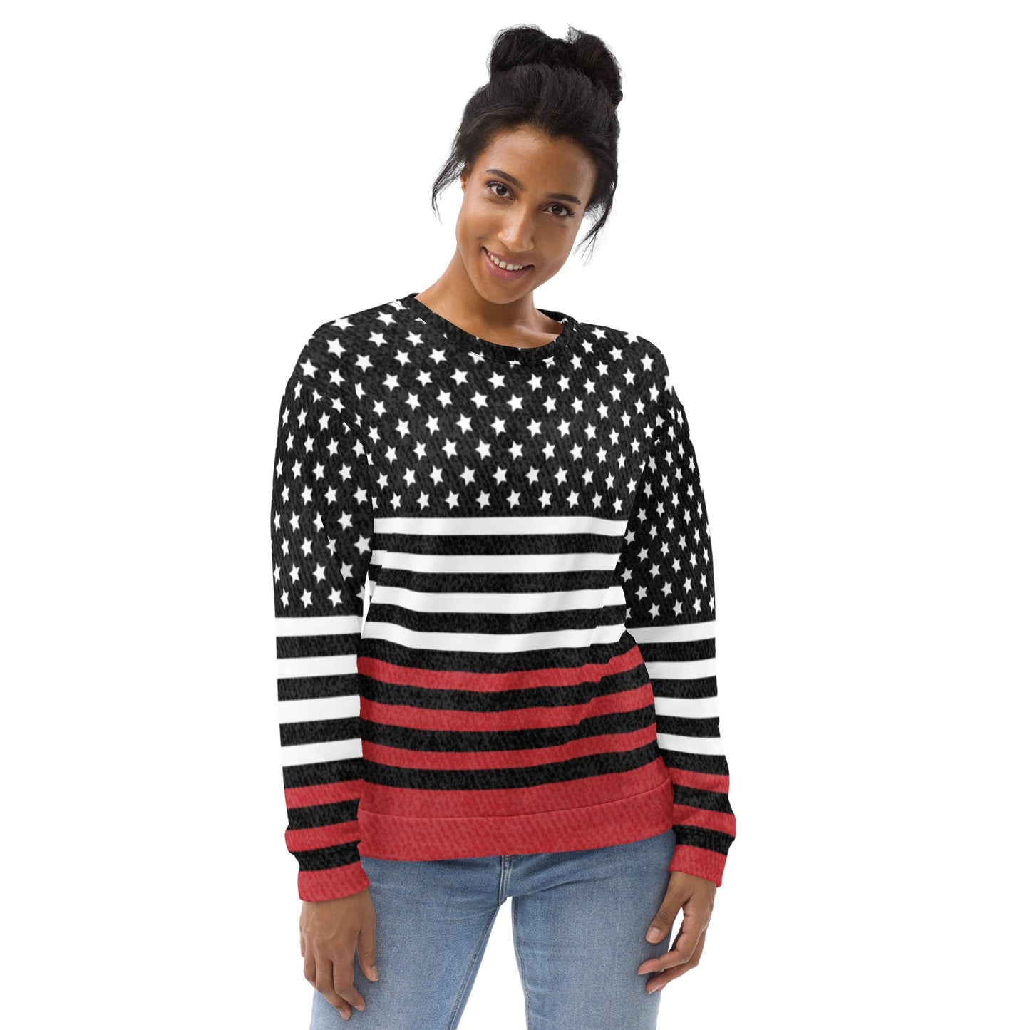 65 MCMLXV UNISEX Americana Black and Red USA Flag Print Fleece Sweatshirt - 65mcmlxv