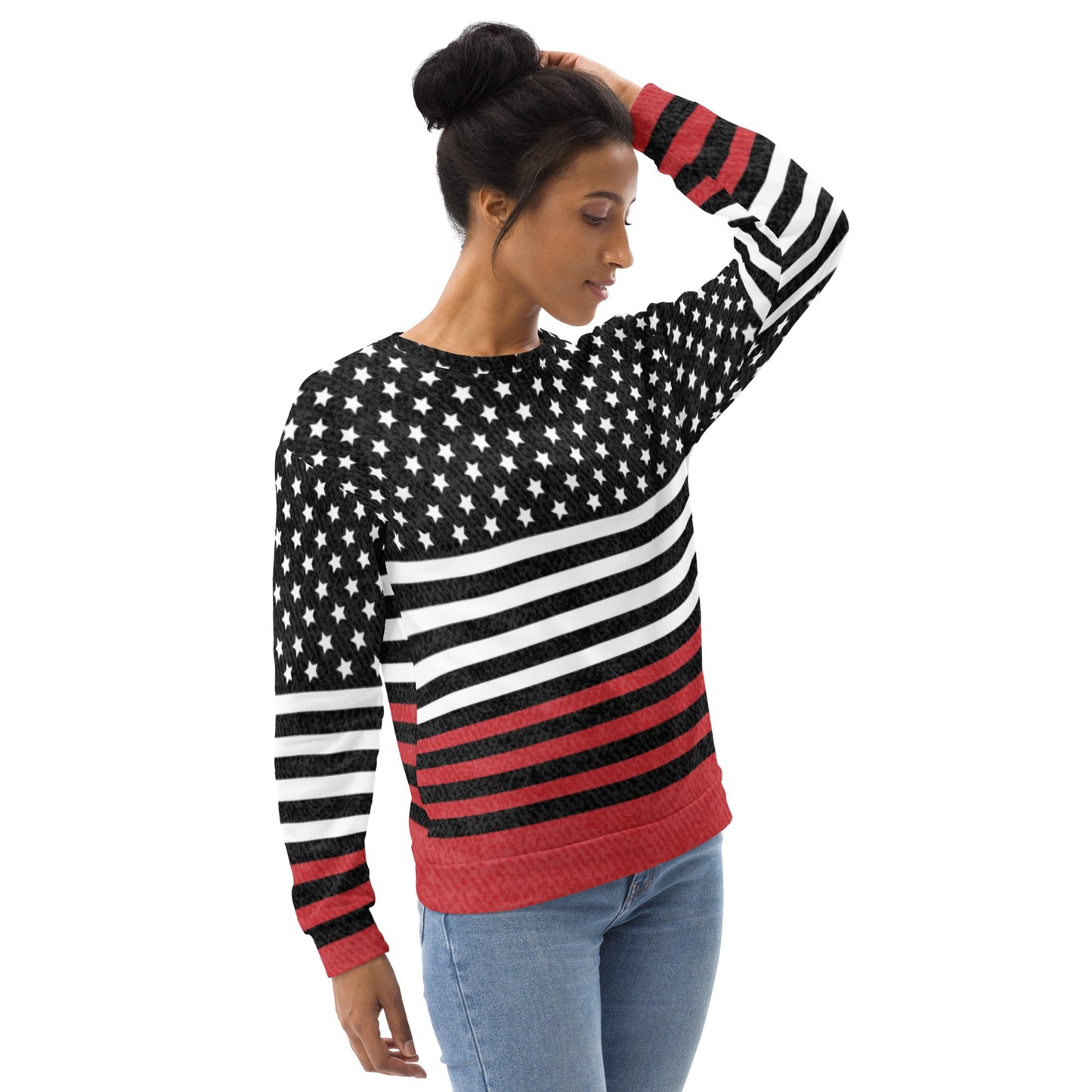 65 MCMLXV UNISEX Americana Black and Red USA Flag Print Fleece Sweatshirt - 65mcmlxv