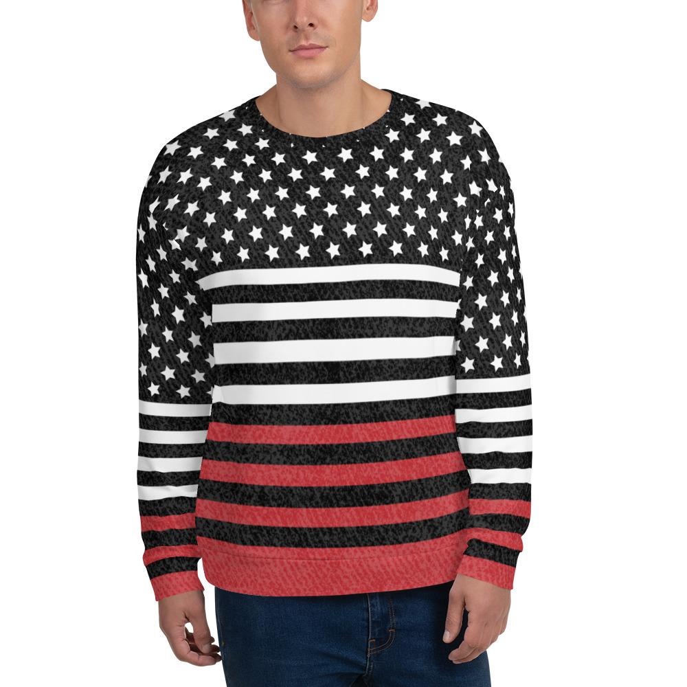 65 MCMLXV UNISEX Americana Black and Red USA Flag Print Fleece Sweatshirt - 65mcmlxv