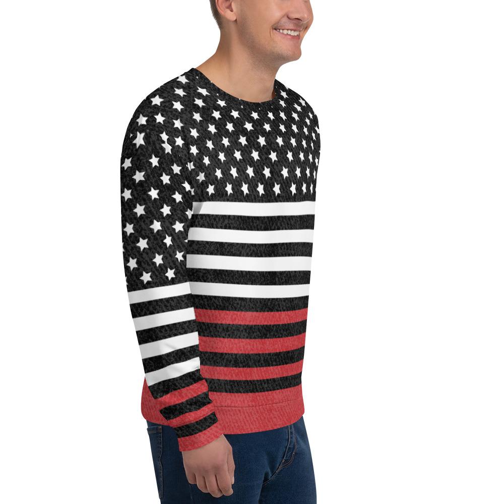 65 MCMLXV UNISEX Americana Black and Red USA Flag Print Fleece Sweatshirt - 65mcmlxv