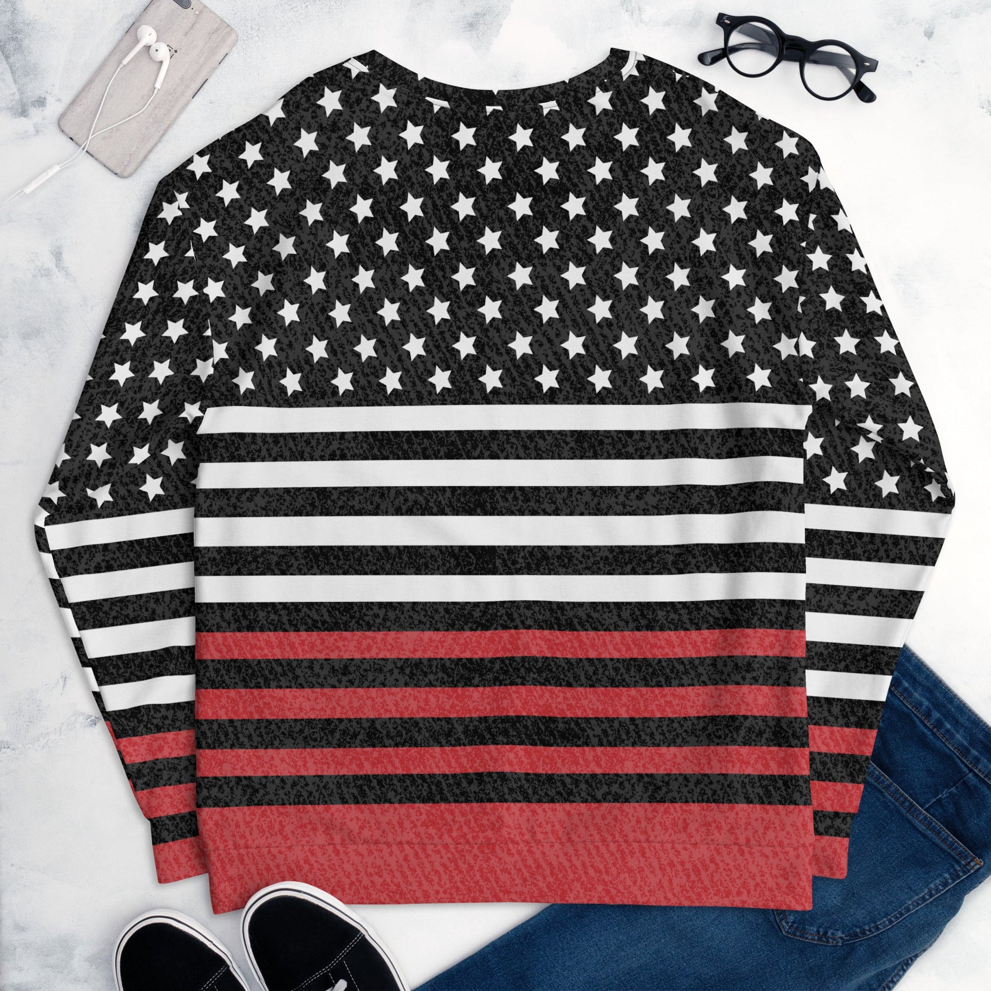65 MCMLXV UNISEX Americana Black and Red USA Flag Print Fleece Sweatshirt - 65mcmlxv