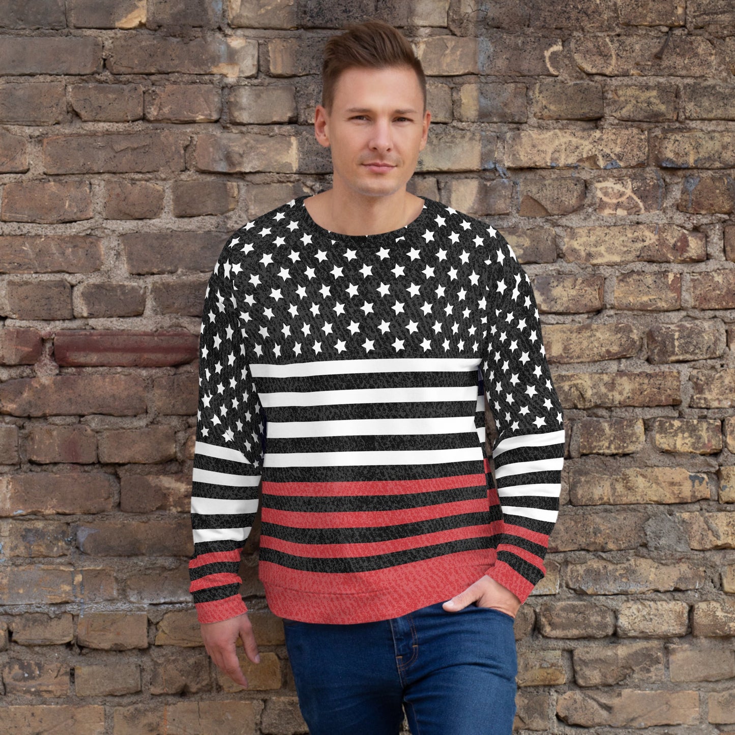 65 MCMLXV UNISEX Americana Black and Red USA Flag Print Fleece Sweatshirt - 65mcmlxv