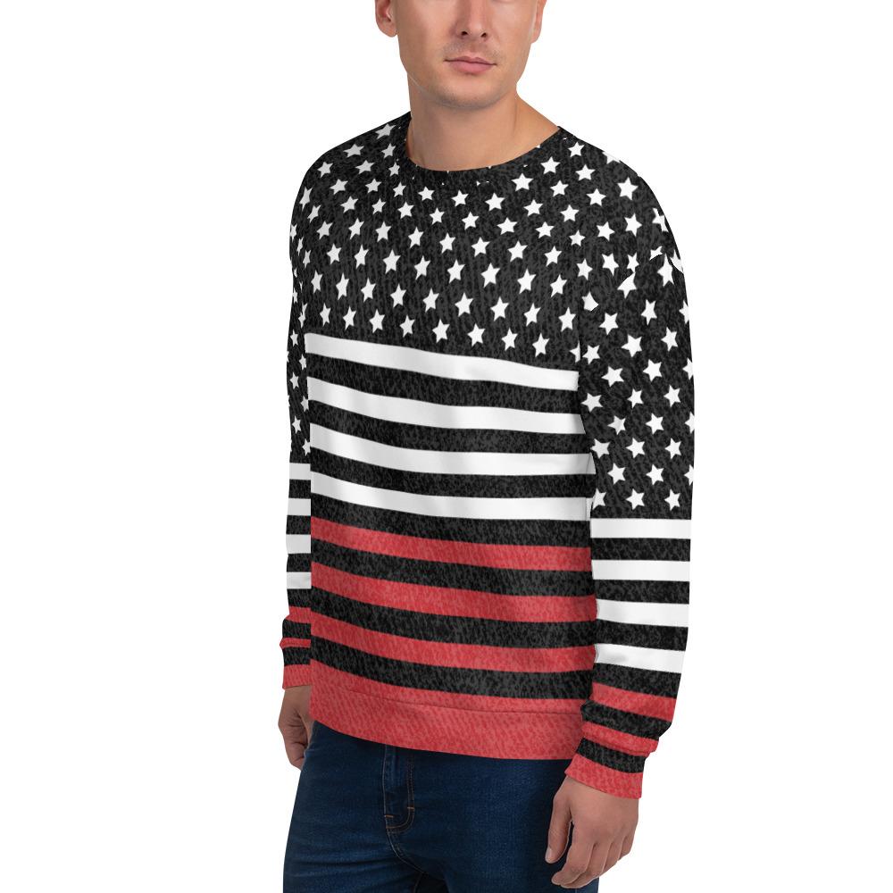 65 MCMLXV UNISEX Americana Black and Red USA Flag Print Fleece Sweatshirt - 65mcmlxv