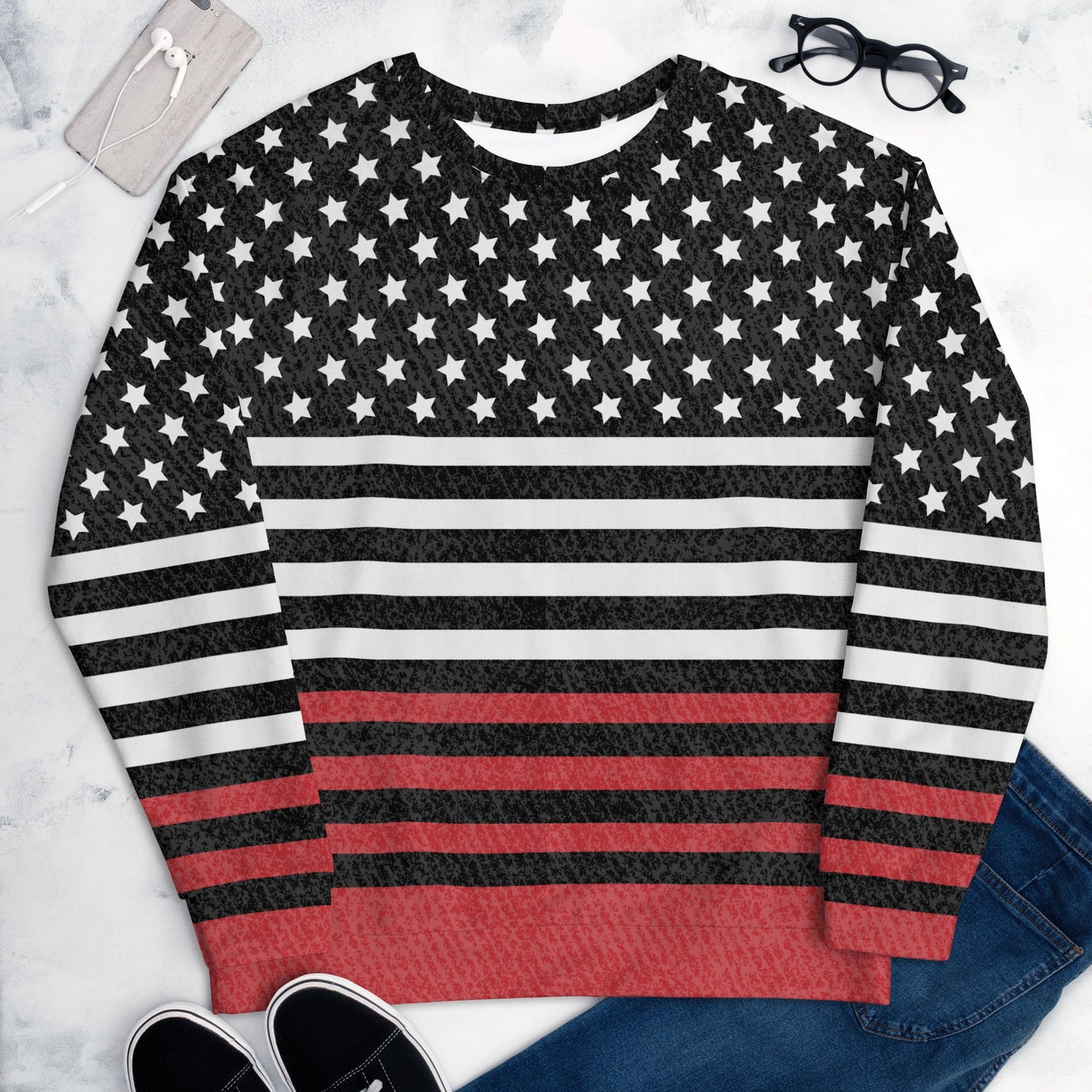 65 MCMLXV UNISEX Americana Black and Red USA Flag Print Fleece Sweatshirt - 65mcmlxv