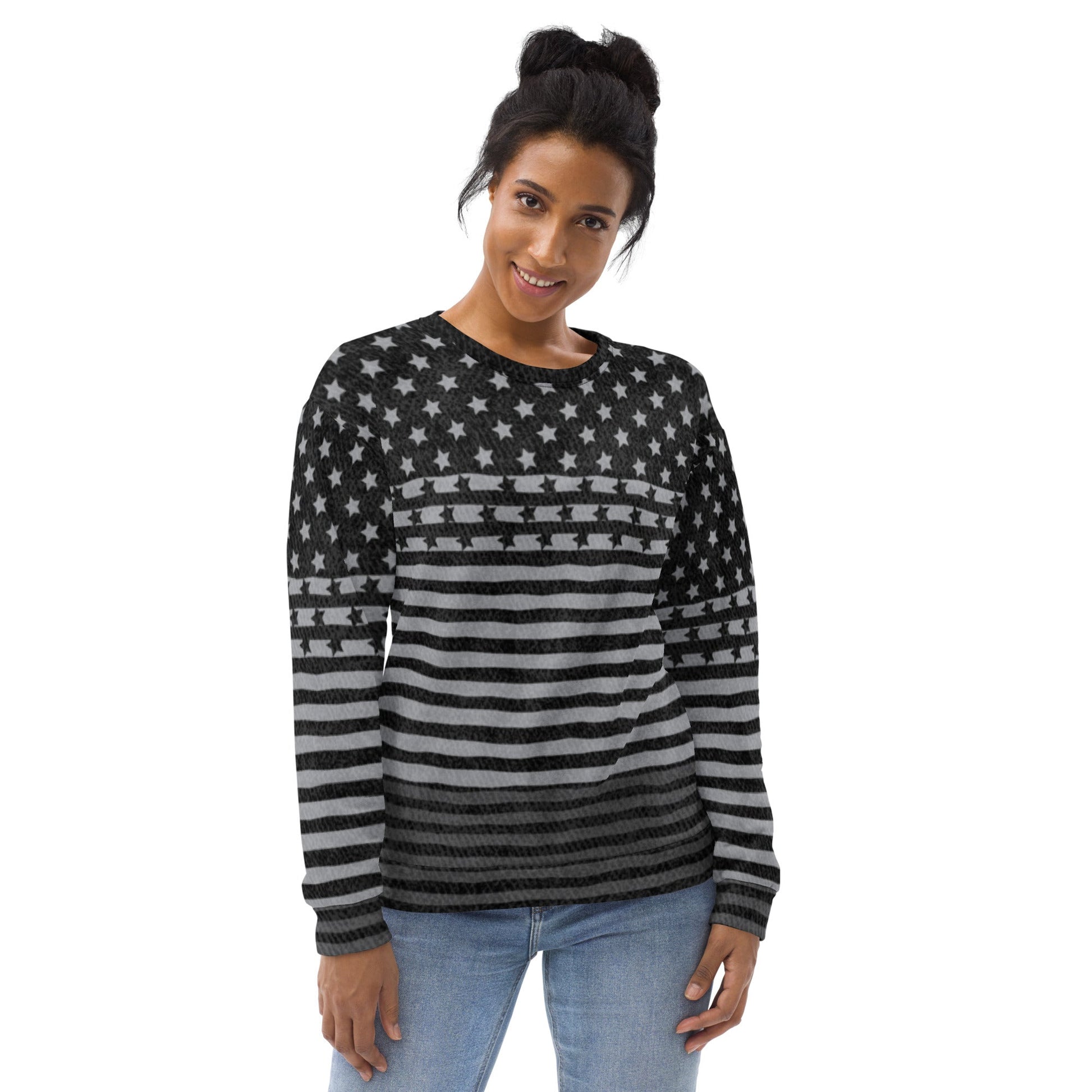 65 MCMLXV Unisex Americana Black USA Flag Print Fleece Sweatshirt - 65mcmlxv