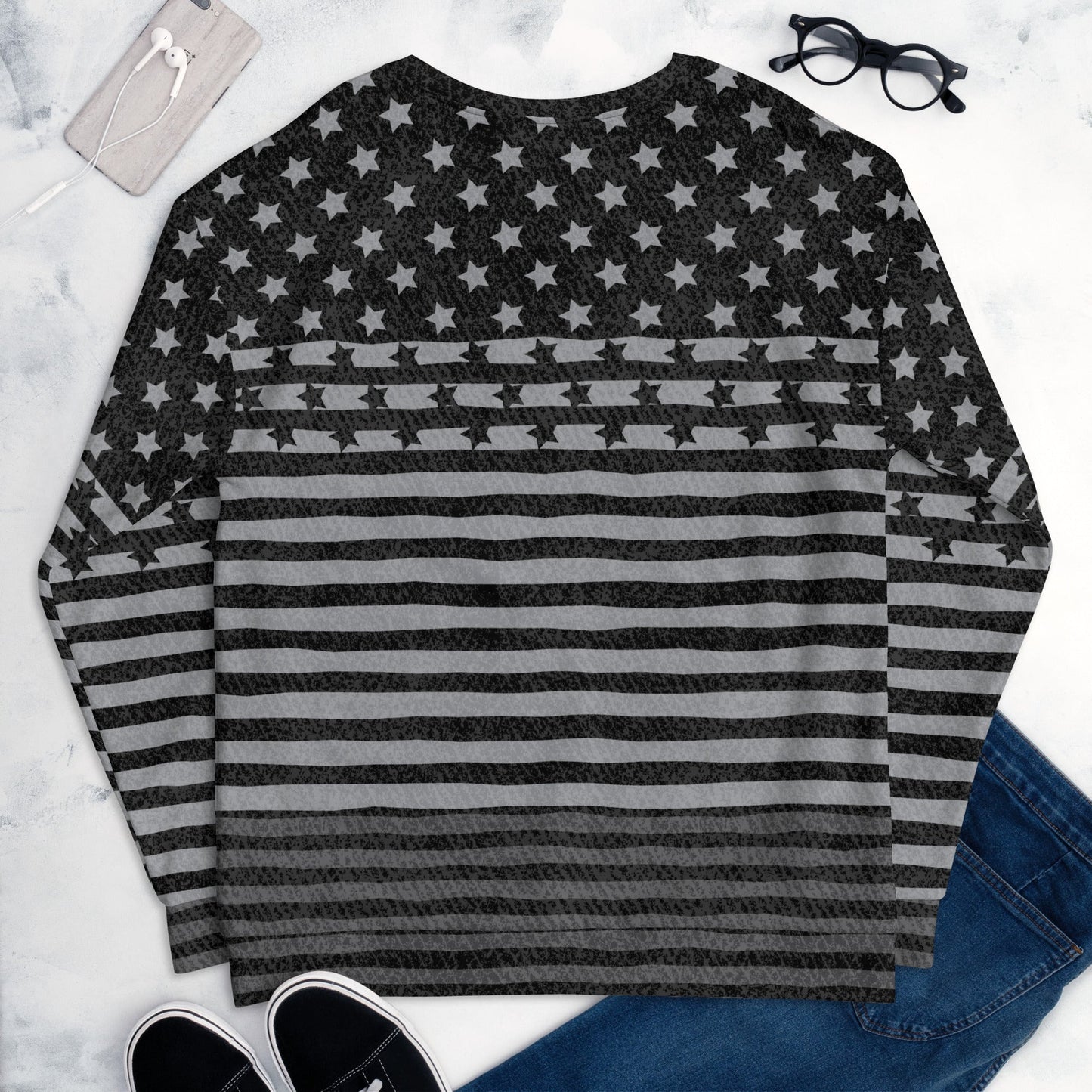 65 MCMLXV Unisex Americana Black USA Flag Print Fleece Sweatshirt - 65mcmlxv