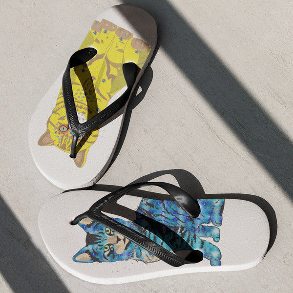 65 MCMLXV Unisex Bejeweled Yellow and Blue Disco Cats Flip - Flops - 65mcmlxv