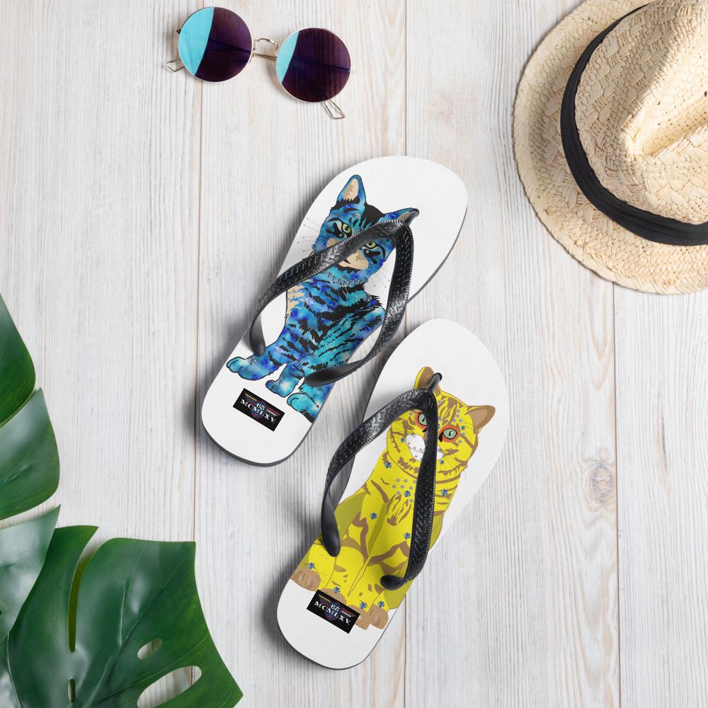 65 MCMLXV Unisex Bejeweled Yellow and Blue Disco Cats Flip - Flops - 65mcmlxv